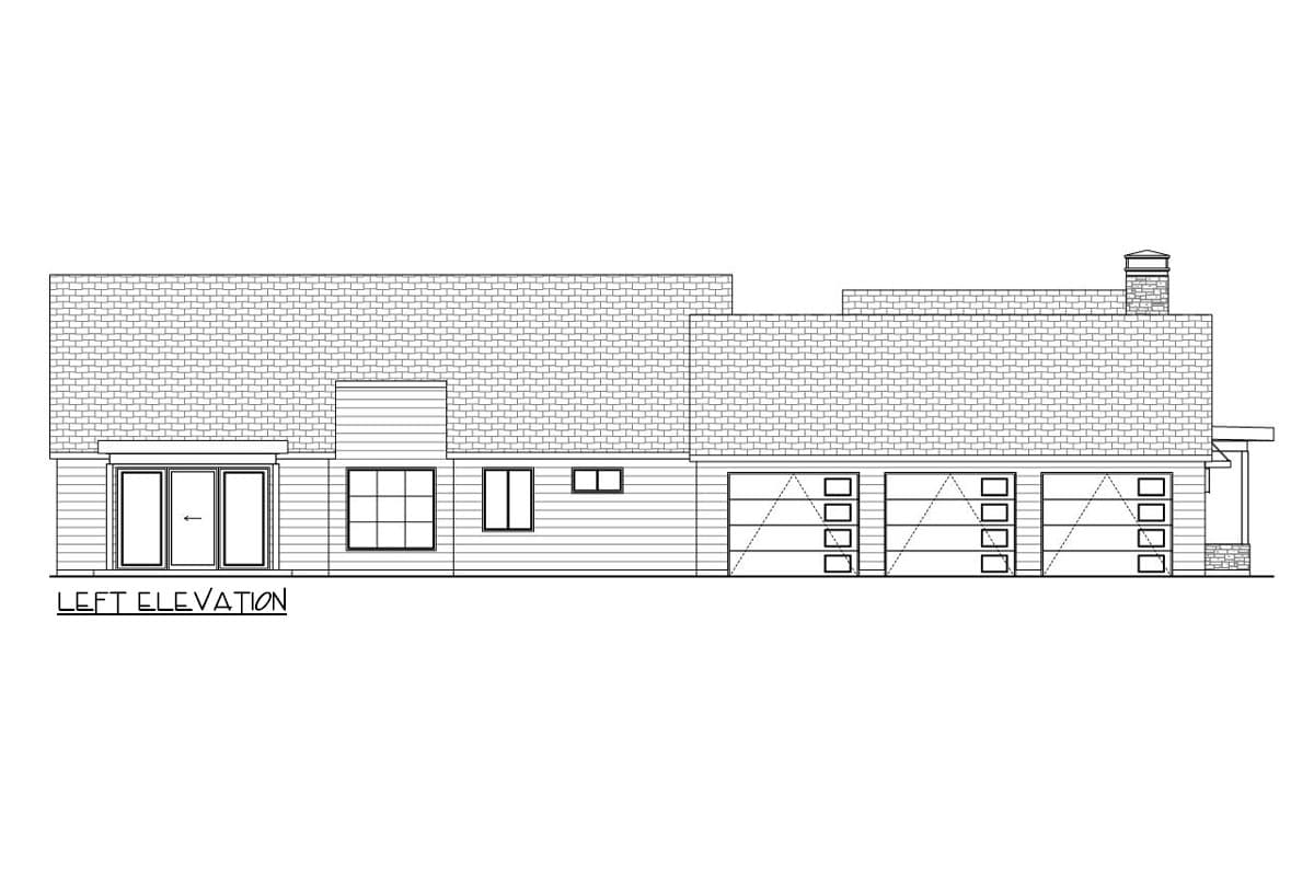 Left elevation house plan showing a two-story structure with a five-car garage, large windows, and a prominent brick chimney.