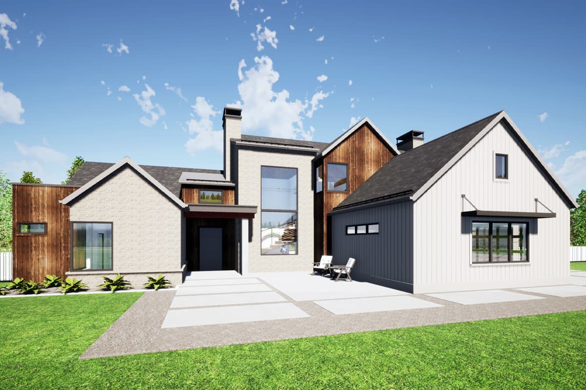 Modern farmhouse exterior house plan with two stories, gabled rooflines, stone facade, and a covered entryway.