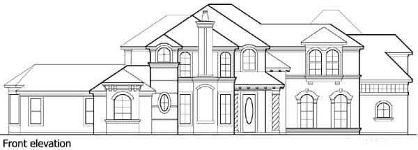 Front elevation drawing of a two-story house with multiple gables, arched windows, and a prominent chimney.