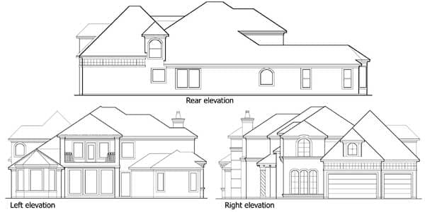 House plan elevations: Rear, left, and right views showing multiple stories, gables, dormers, and a three-car garage.