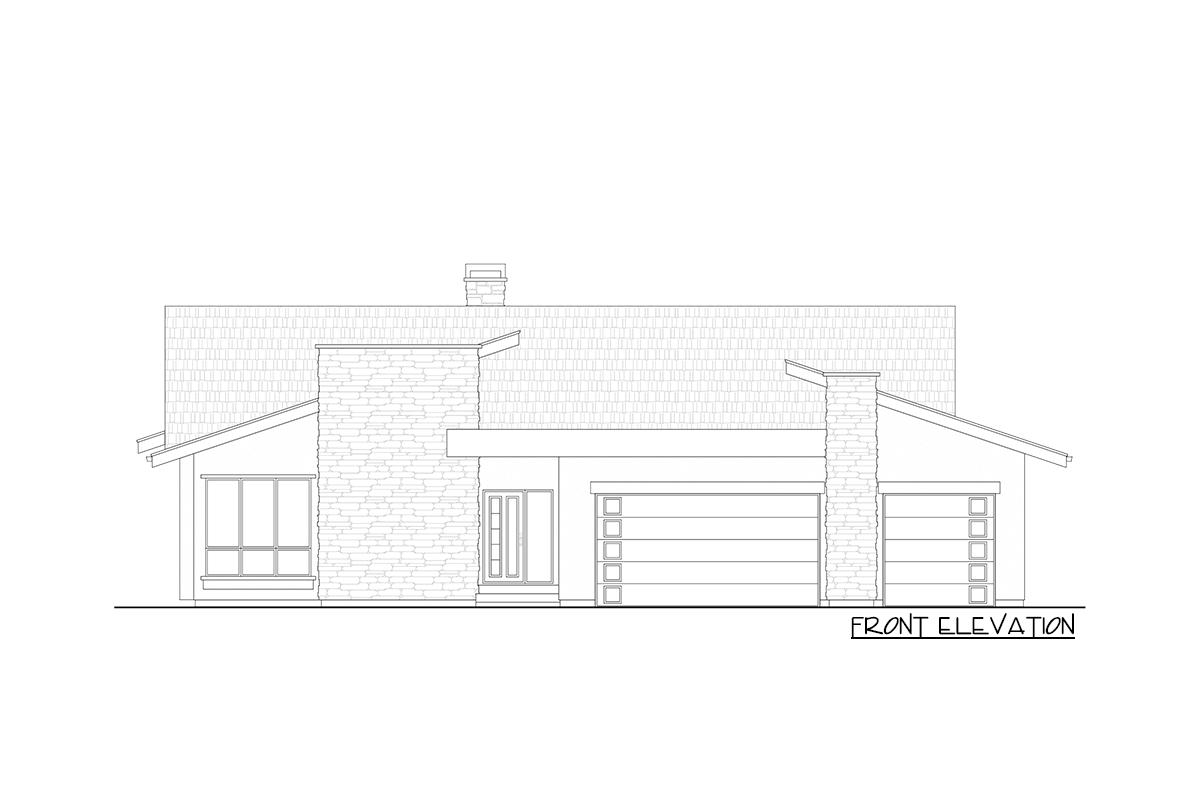 Front elevation drawing of a single-story house with stone accents, a pitched roof, and a two-car garage.