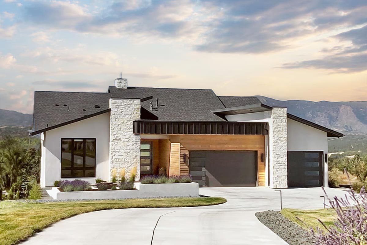 House plan exterior featuring a Modern style, single story, with a flat roof, stone accents, and a front-facing garage.