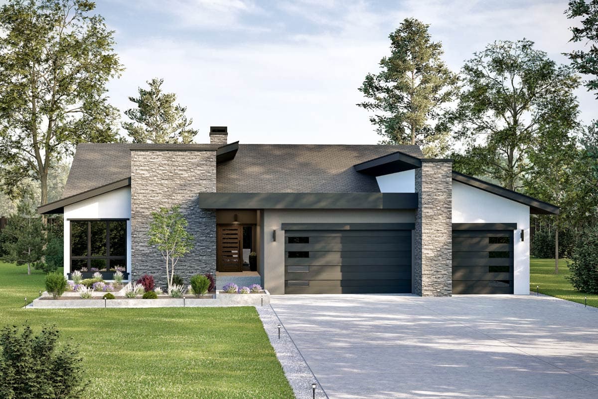 Modern house plan exterior with stone accents, asymmetric gables, and a three-car garage.