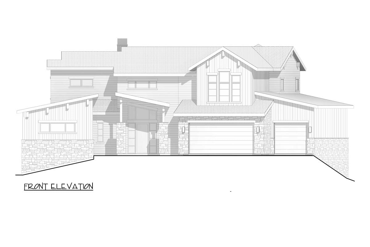 Front elevation drawing of a two-story house plan featuring stone accents, multiple gables, a covered entry, and a three-car garage.