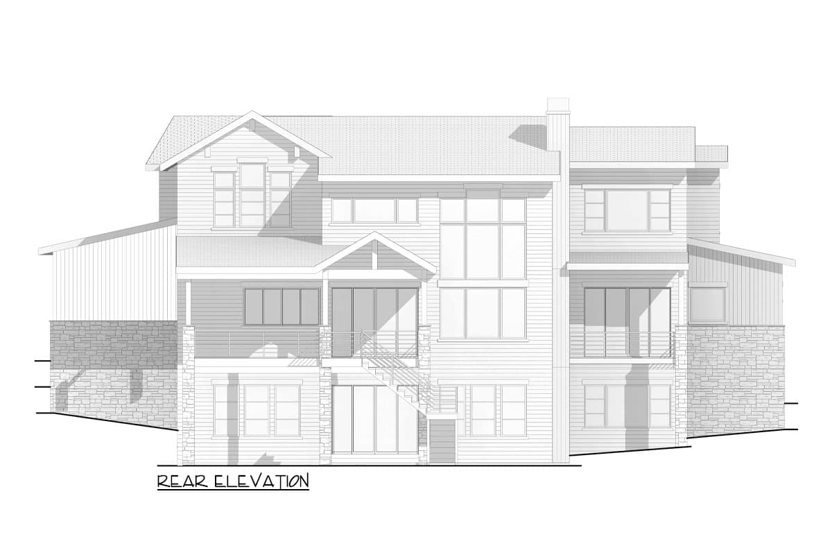 Rear elevation drawing of a multi-story house with stacked windows, balconies, gables, and stone base.