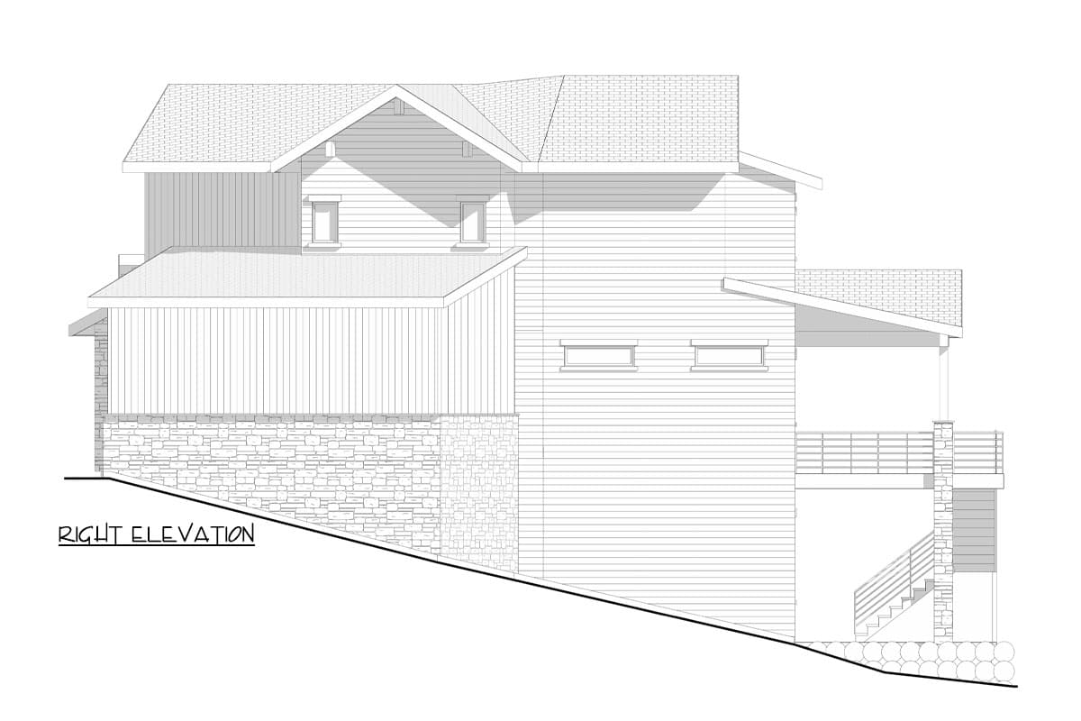 Right elevation drawing of a house plan with stone foundation, horizontal siding, and gabled rooflines.