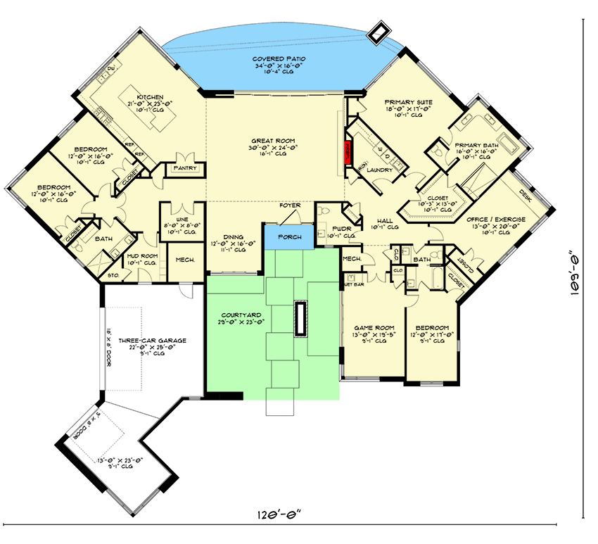 Plan 520007RKY: Modern Minimalist Ranch with Courtyard and Wine Room - 4792 Sq Ft - Floor Plan - Main Level - Contemporary, Modern, Mountain, Ranch