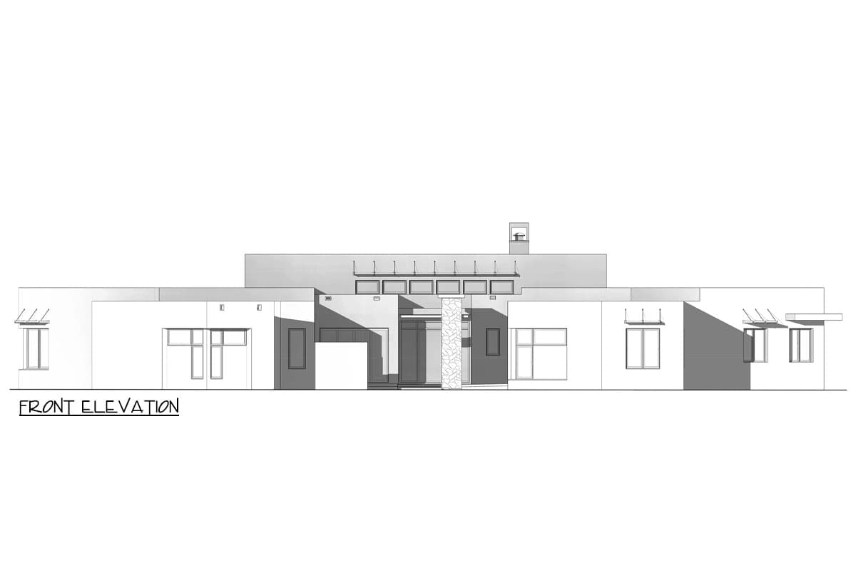 Front elevation drawing of a modern house plan with a prominent stone-clad entryway and multiple rooflines.
