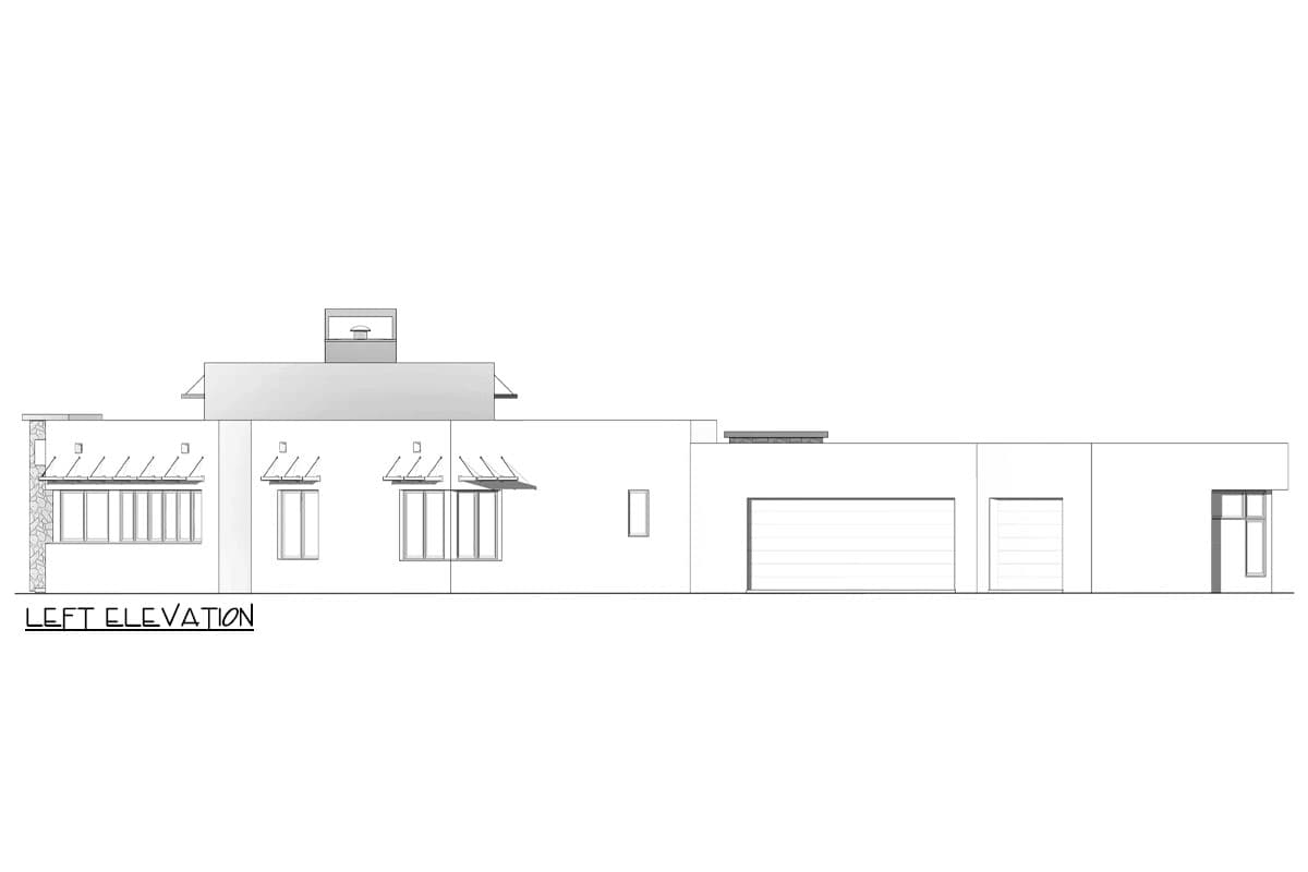 Left elevation drawing of a single-story house with large windows, awnings, and a two-car garage.