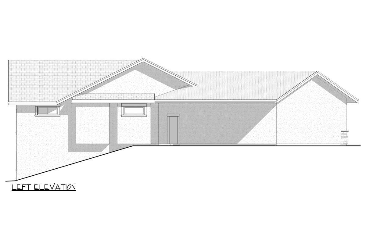 Left elevation drawing of a single-story house with a hip roof, two windows, and a door.