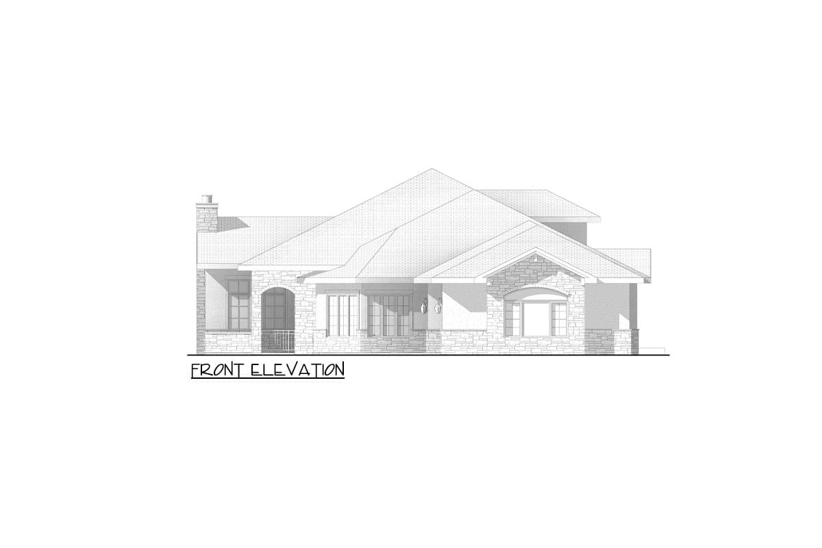 Front elevation drawing of a single-story house with stone accents, a covered porch, and multiple gables.