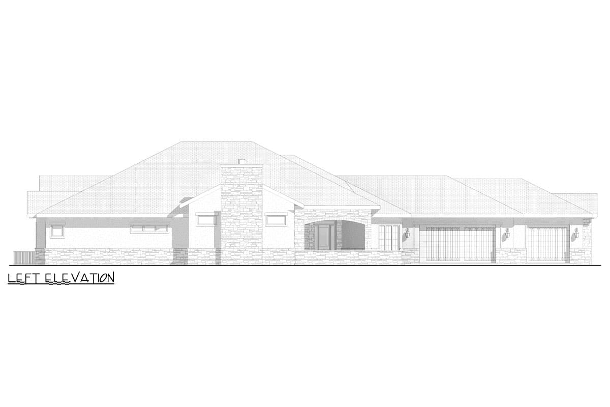 Left elevation drawing of a single-story house plan featuring a prominent stone chimney, arched entryway, and two garage doors.