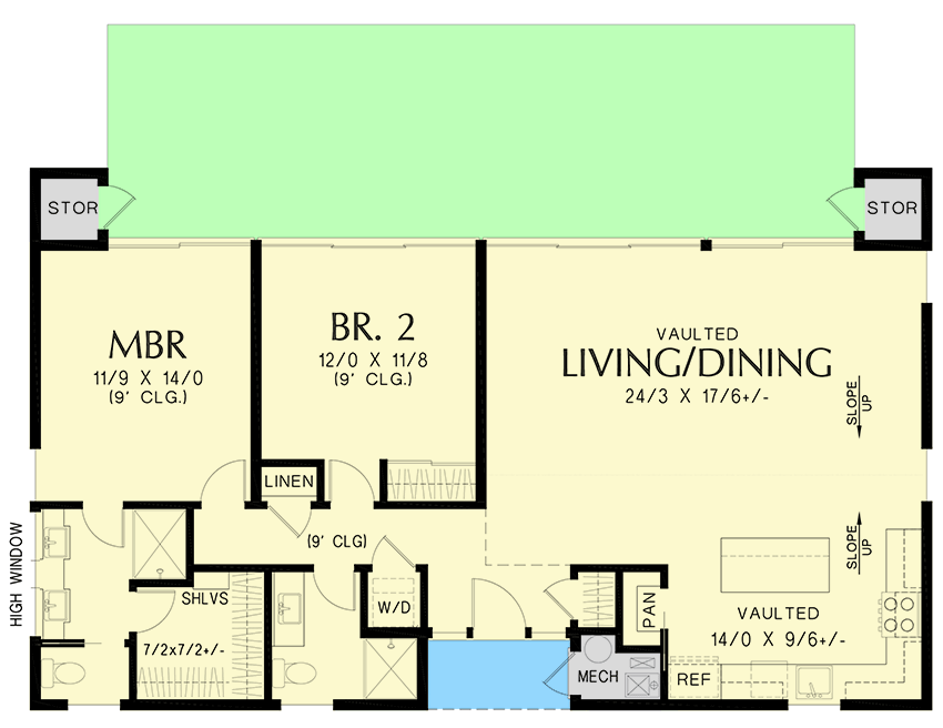 Plan 69851AM: 2-Bed Ranch-Style Home Plan with Two Story Great Room - 1268 Sq Ft - Floor Plan - Main Level - Contemporary, Ranch