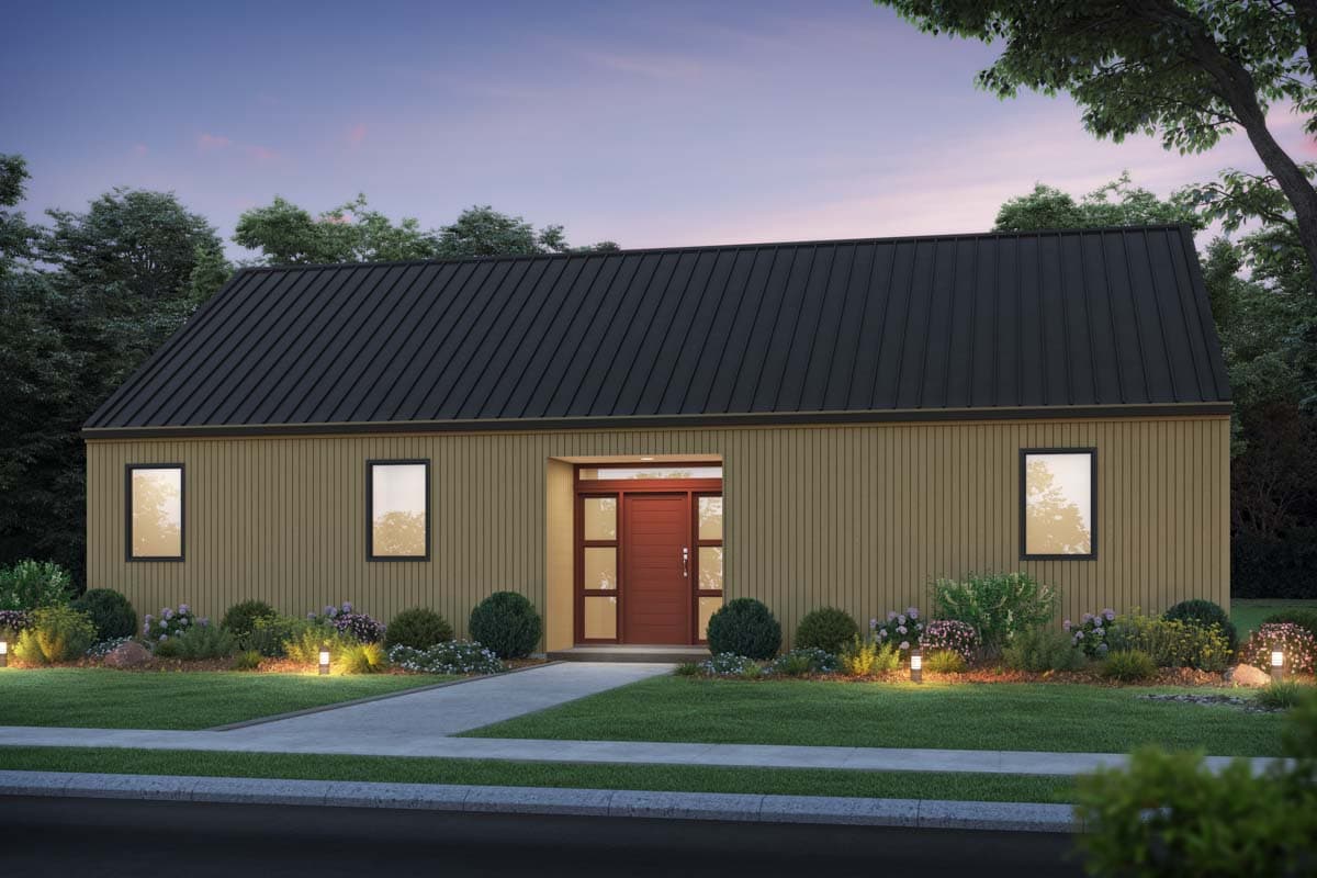 Modern one-story house plan exterior with tan vertical siding, gabled roof, and central red door with sidelights.