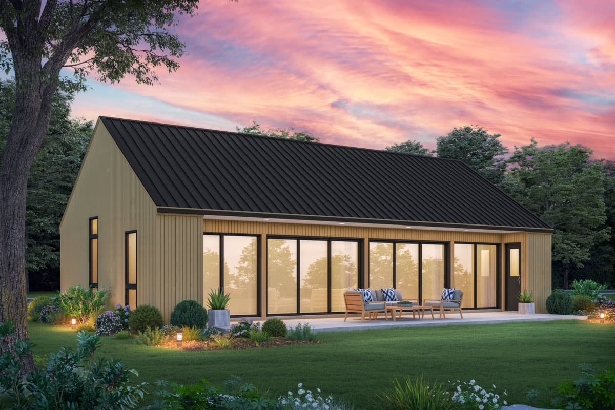 House plan exterior. Modern, one-story home with a metal roof. Features include a patio, large windows, and a gable roofline.