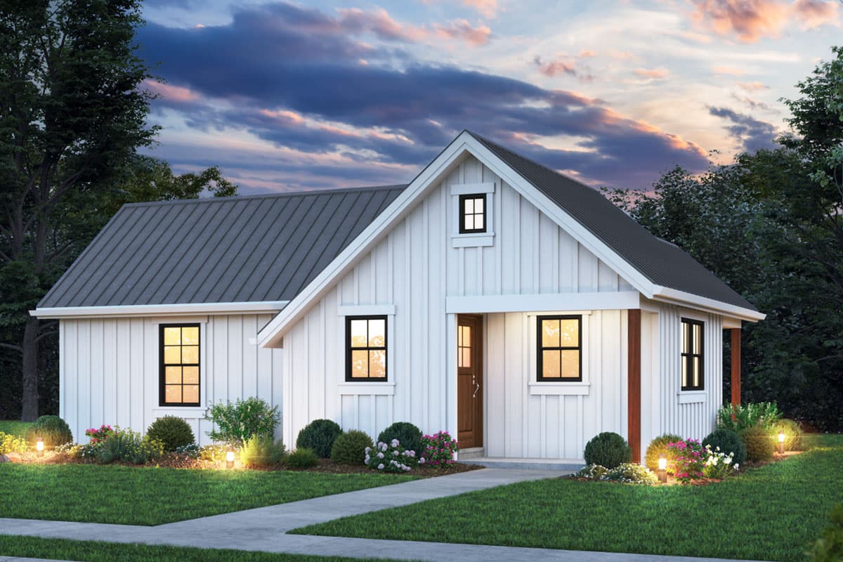 House plan exterior rendering. Modern Farmhouse style with a gabled roof, board-and-batten siding, and a small front porch with exposed rafters.