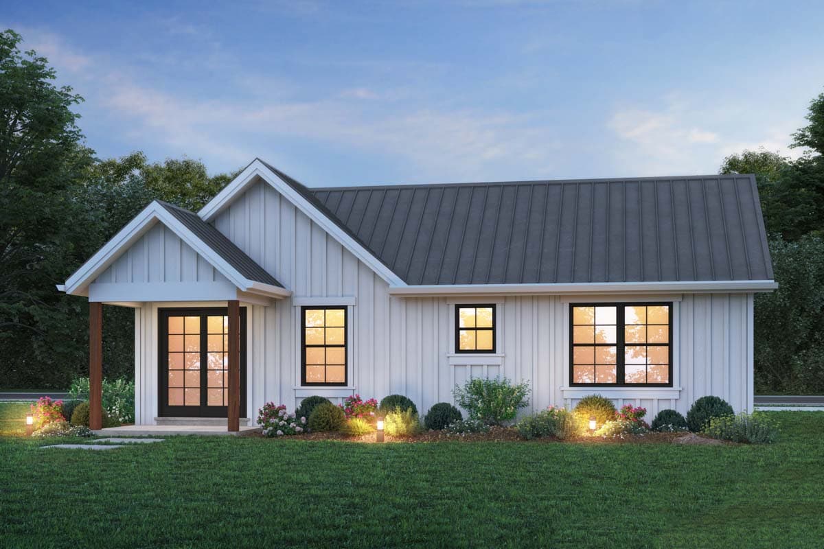 House plan exterior: Modern Farmhouse style, single story, with board and batten siding, metal roof, and covered entry with wood posts.