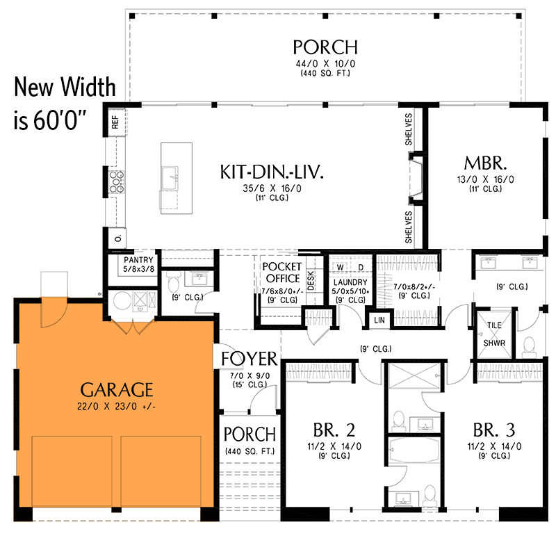 Plan 69853AM: 3-Bed Contemporary Ranch Plan with Main Level Master and Pocket Office - 1,949 Sq Ft - Floor Plan - Optional 2-Car Front Garage ($210) - Contemporary, Modern, Ranch