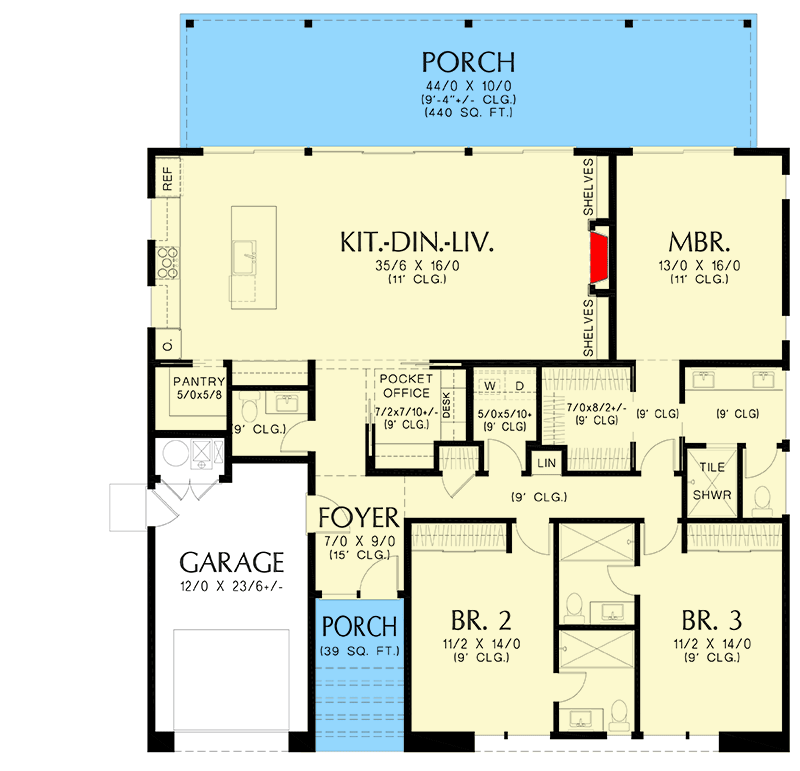 Plan 69853AM: 3-Bed Contemporary Ranch Plan with Main Level Master and Pocket Office - 1,949 Sq Ft - Floor Plan - Main Level - Contemporary, Modern, Ranch