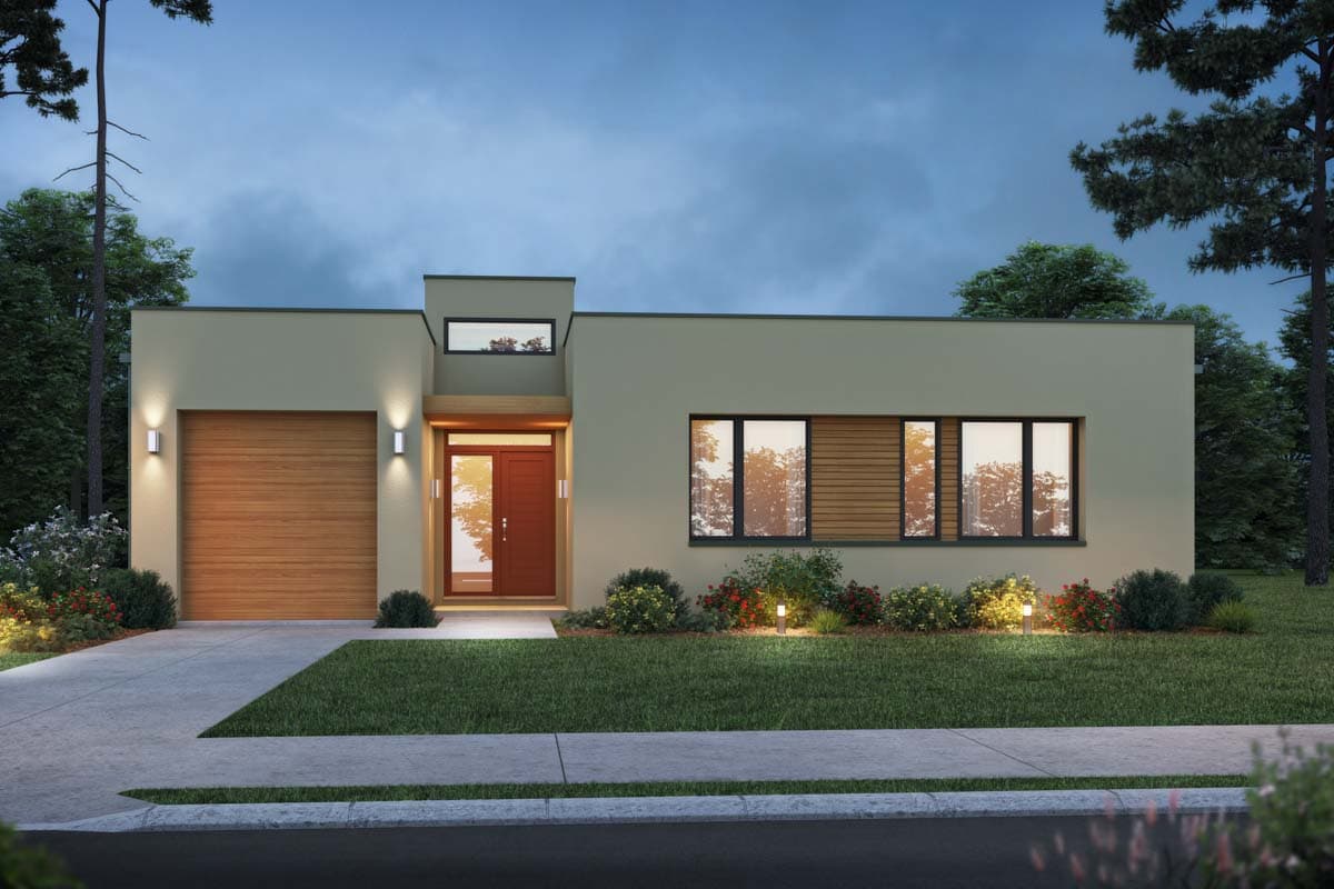 Modern house plan exterior: one story with attached garage, central entrance, and horizontal window bands.