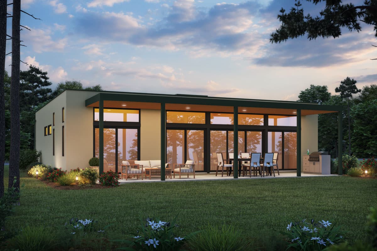 House plan exterior. Modern style, single-story home with flat roof, covered patio, and floor-to-ceiling windows. Features outdoor dining area.
