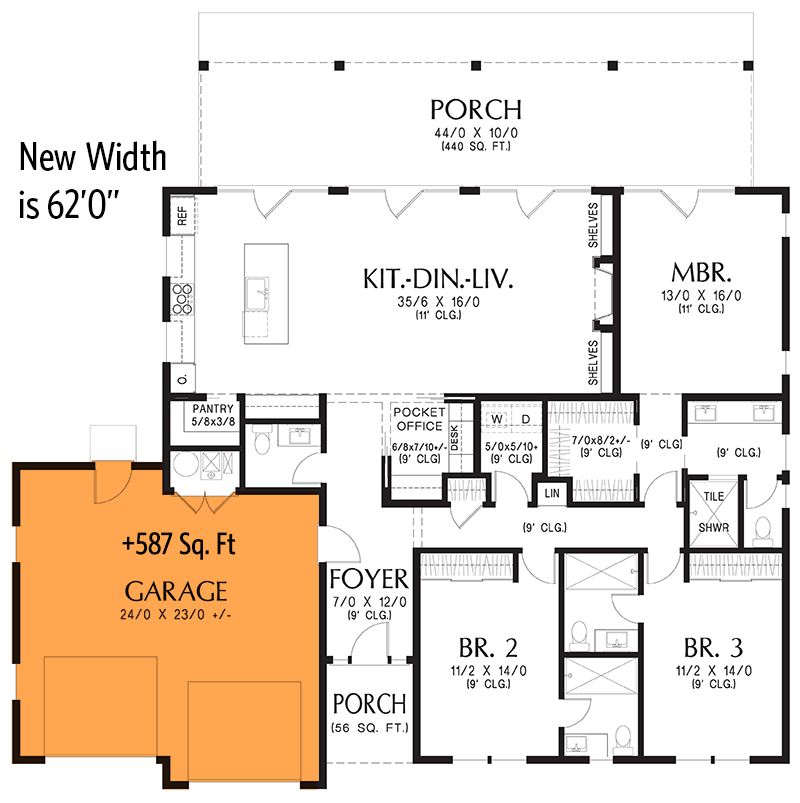 Plan 69854AM: 3-Bed Cottage Home Plan with Pocket Office and Outdoor Back Porch- 1,971 Sq Ft - Floor Plan - Optional 2-Car Front Garage ($210) - Cottage, Farmhouse, Modern Farmhouse, Ranch
