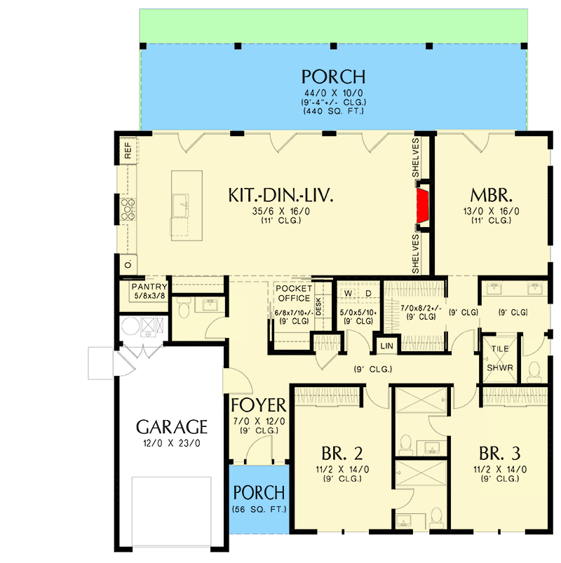Plan 69854AM: 3-Bed Cottage Home Plan with Pocket Office and Outdoor Back Porch- 1,971 Sq Ft - Floor Plan - Main Level - Cottage, Farmhouse, Modern Farmhouse, Ranch