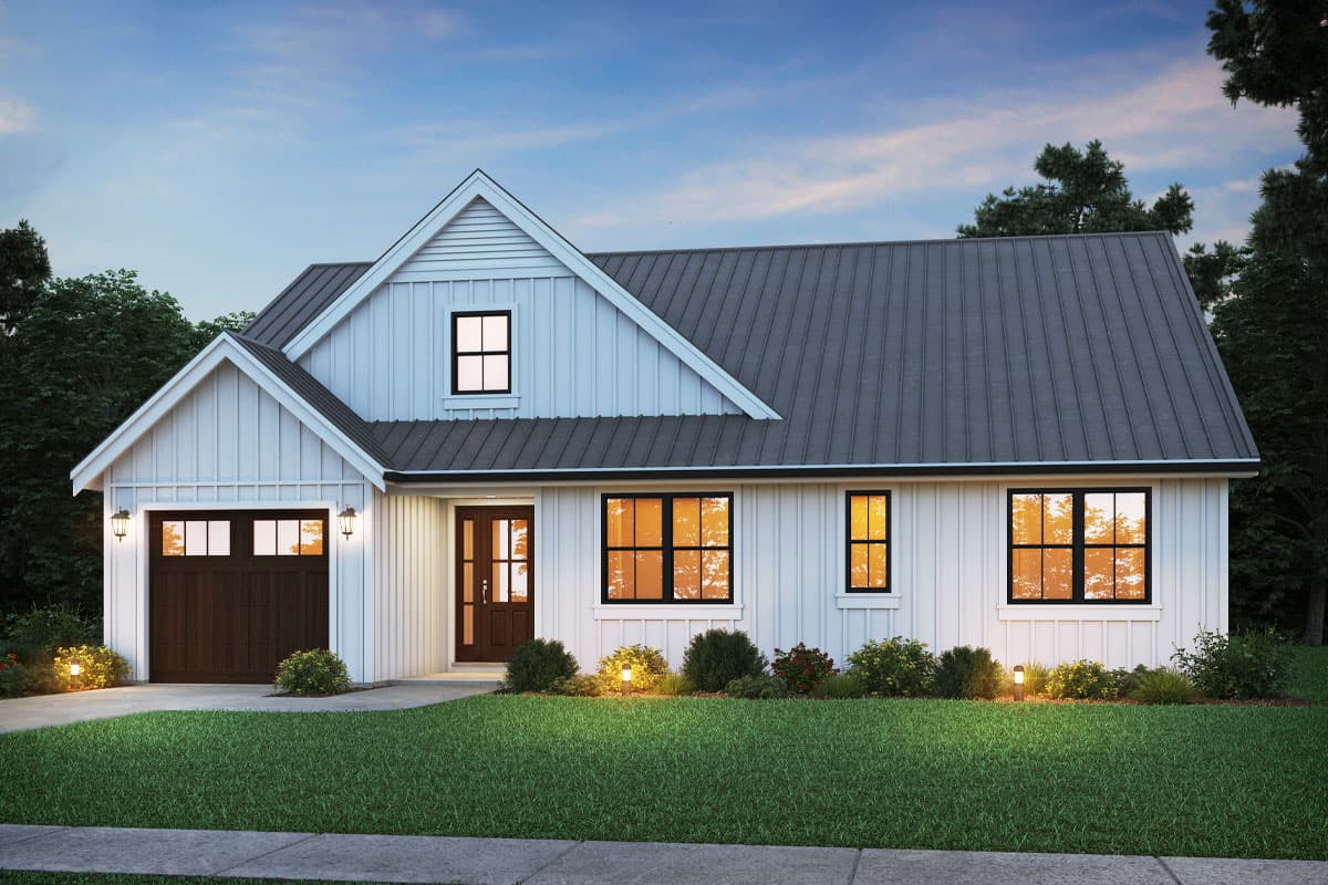 House plan exterior. Two-story Modern Farmhouse with a gable roof, board and batten siding, and a two-car garage. Features include black-framed windows.