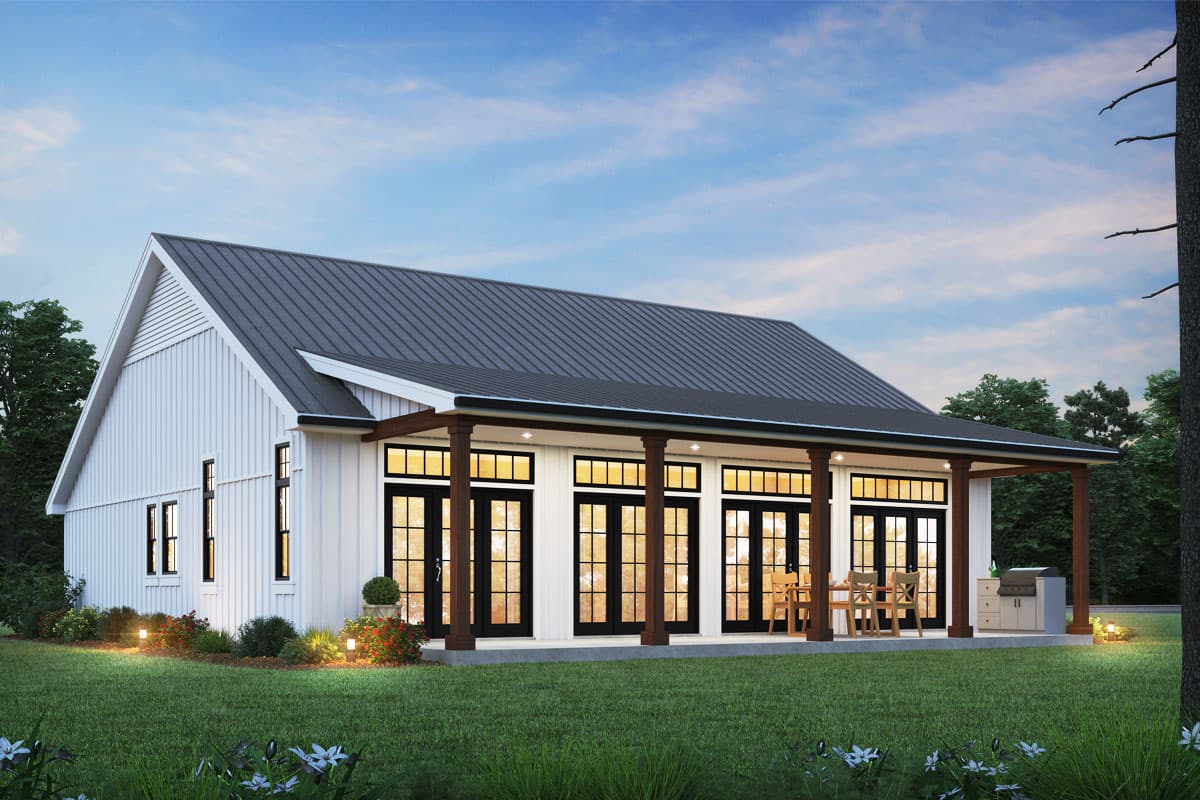 Modern Farmhouse house plan exterior with board and batten siding, metal roof, and covered porch with multiple French doors.