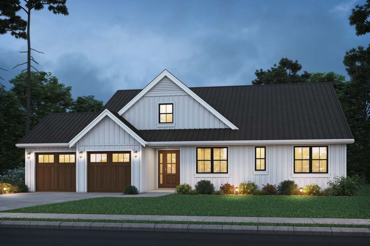 Modern Farmhouse house plan exterior with white board and batten siding, dark metal roof, two-car garage, and prominent gable.