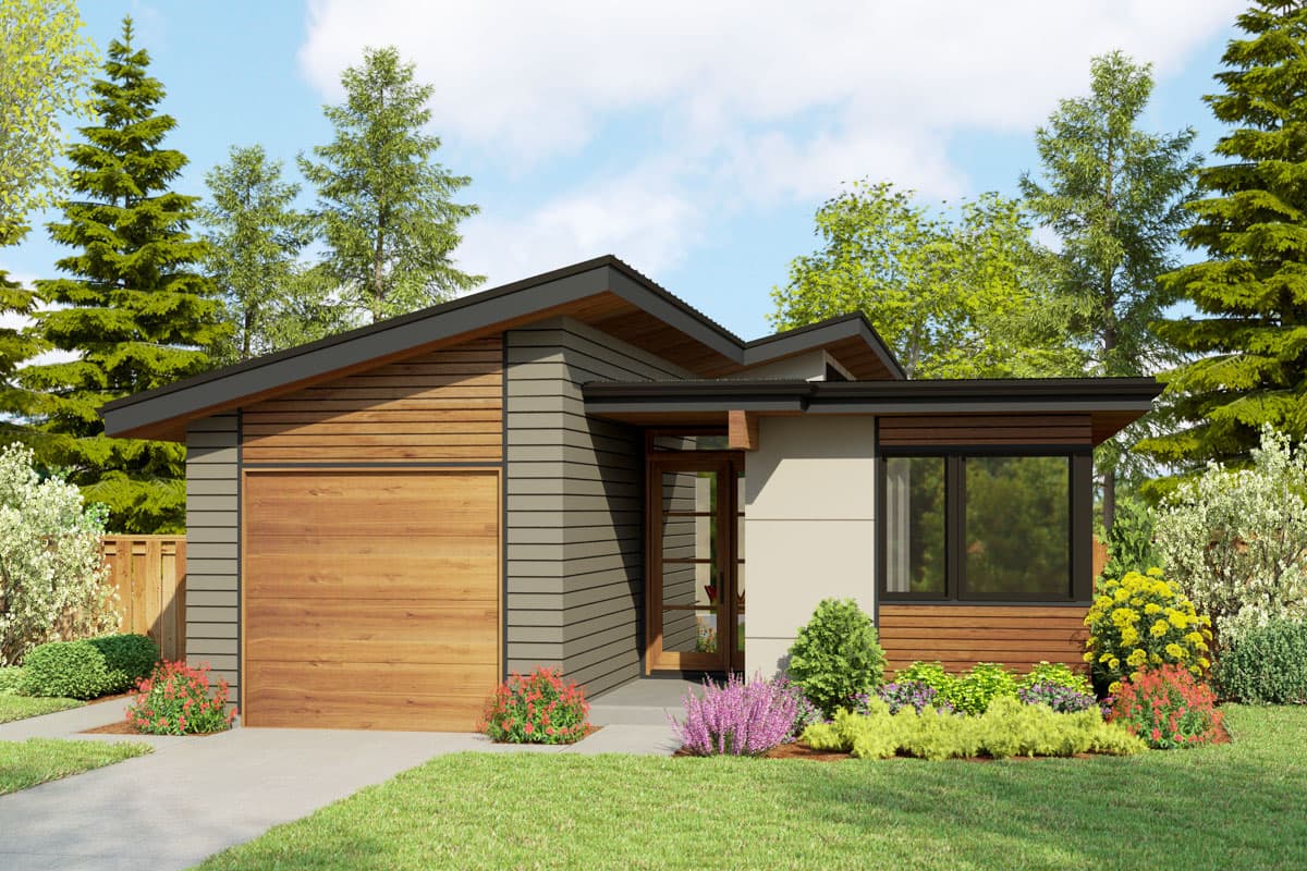 House plan exterior with modern design, one story, wood garage door, shed roof, and horizontal siding. Features entry door and large window.