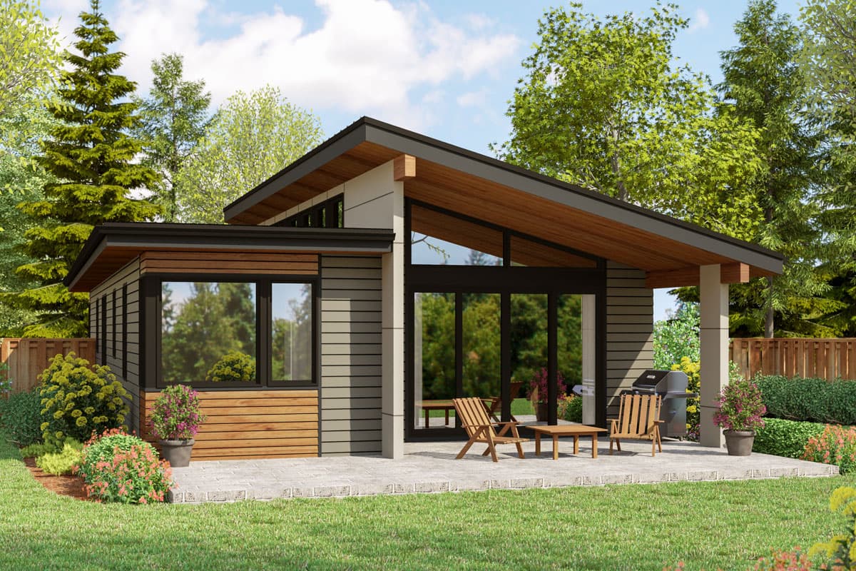 Modern house plan exterior with a low-pitched gable roof, horizontal siding, wood accents, and large glass doors.