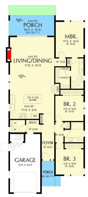 Plan 69855AM: 3-Bed Contemporary Ranch Home Plan with Clustered Beds and Vaulted Living Space - 1483 Sq Ft - Floor Plan - Main Level - Contemporary, Ranch