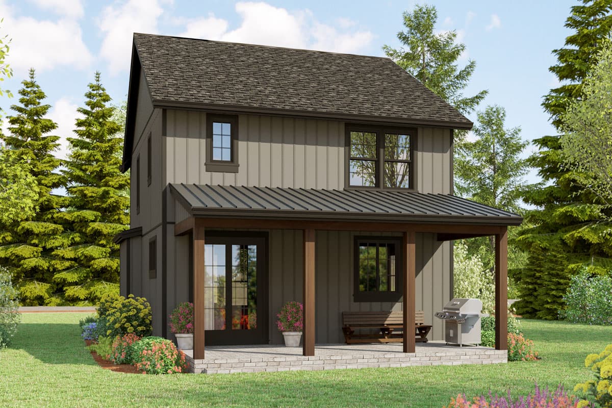 Two-story house plan exterior with vertical siding, gable roof, and covered front porch with wood posts.