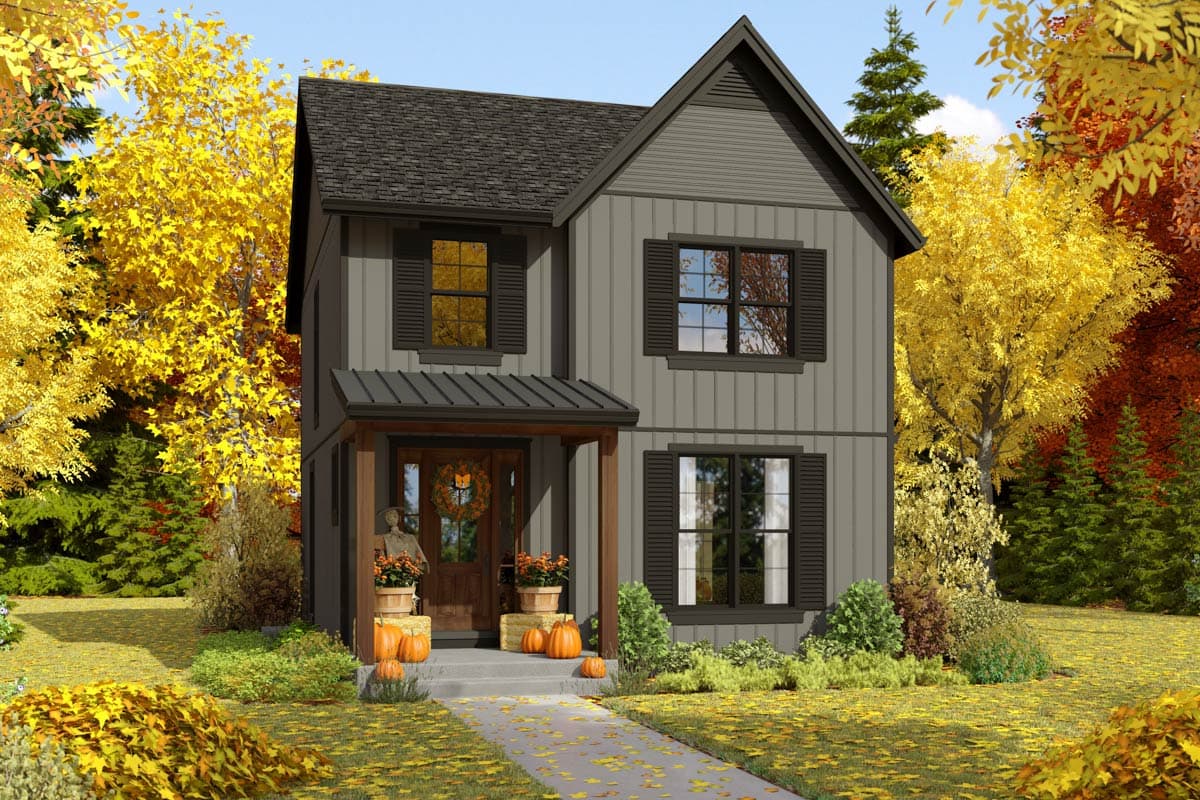 Two-story house plan exterior with a covered entry, gable roof, board and batten siding, and dark shutters.