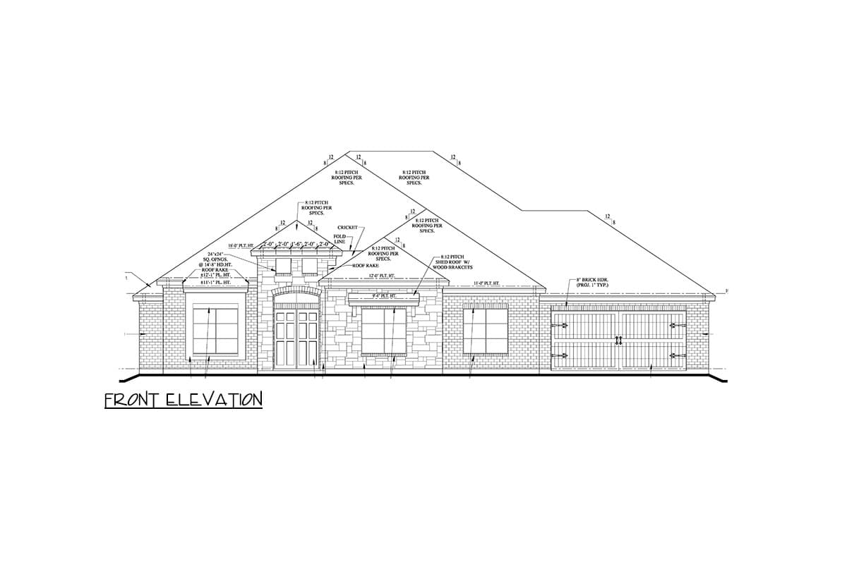 Front elevation house plan showing a mix of stone and brick facade, arched entryway, multiple windows, and a two-car garage.