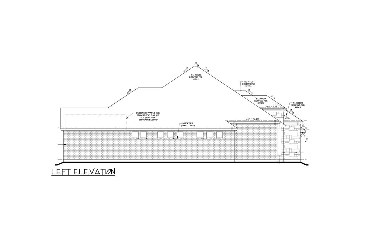 Left elevation of a house plan, showing brick exterior walls, multiple roof pitches, and vault ceiling outline.