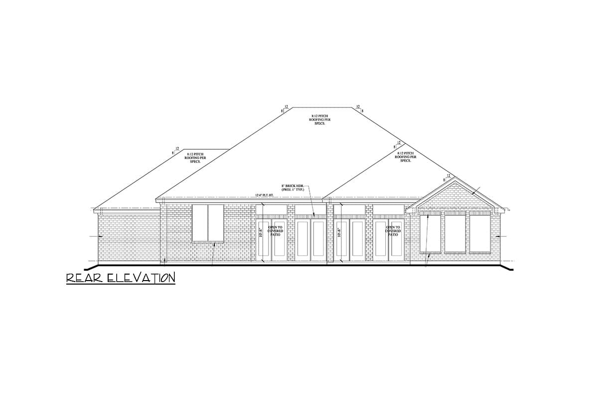 Rear elevation drawing of house plan featuring brick exterior, multiple doors opening to covered patio, and 8:12 pitch roof.