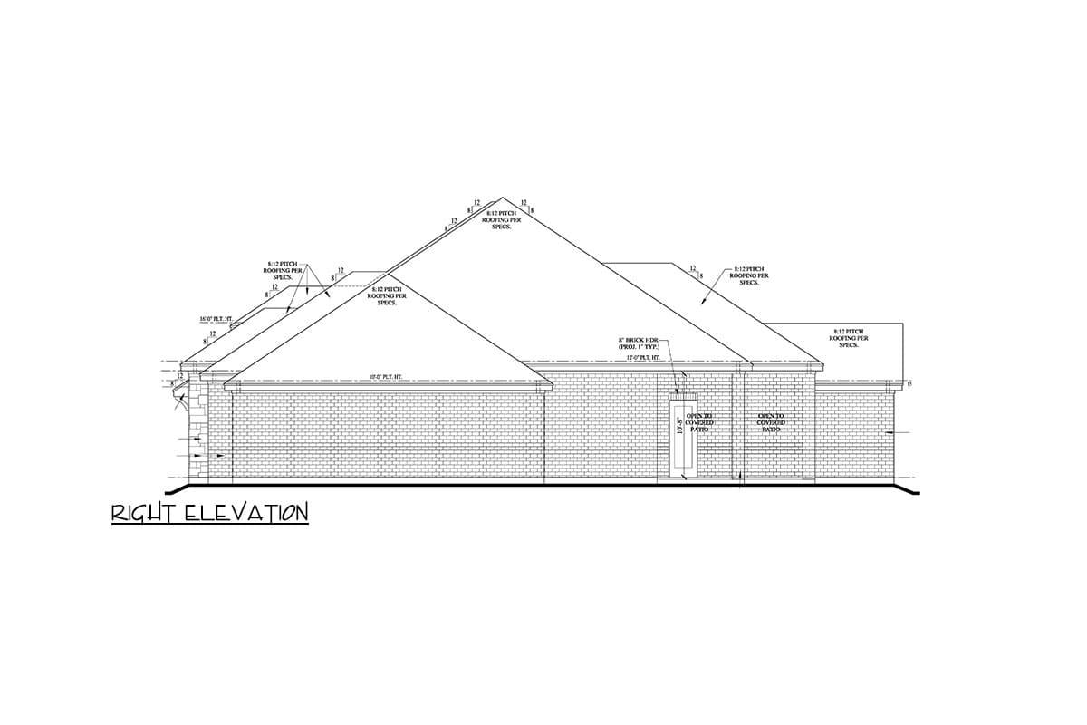 Right elevation drawing of a brick house plan showing 8:12 pitch roofing and covered patios.