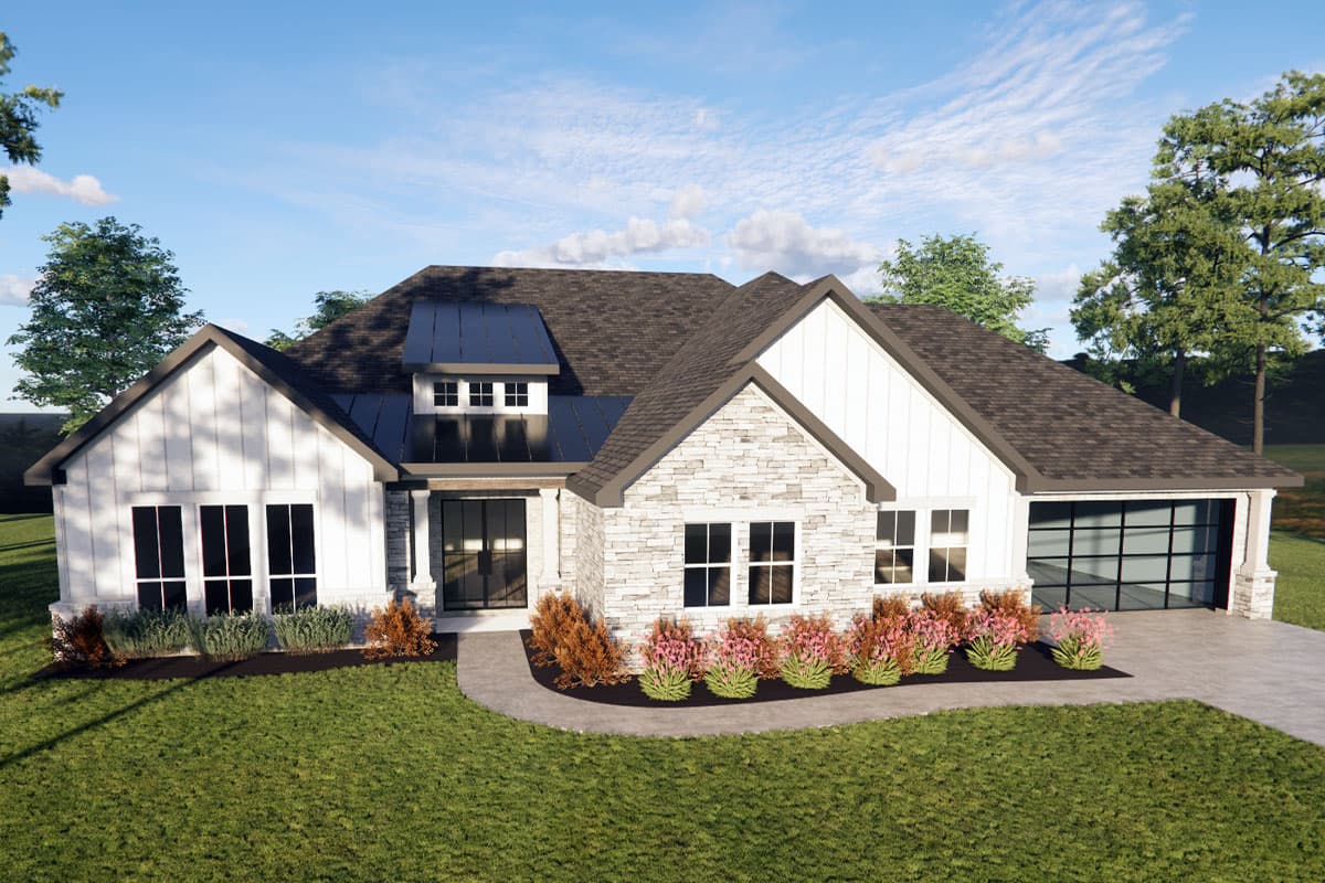 House plan exterior with board and batten siding, gable roof, stone accents, and a garage with glass door, one-story.