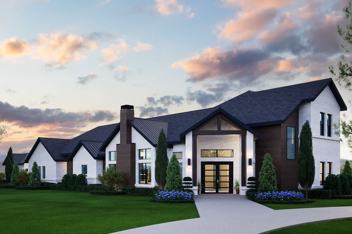 House plan exterior. Modern farmhouse style with gabled roof, brick facade, and dark roof. Features include a covered entry and multiple gables.
