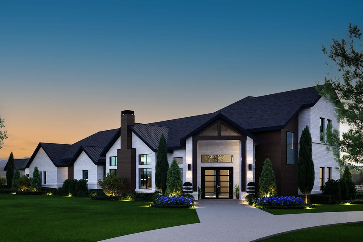 House plan exterior view of a modern two-story home with white brick, dark metal roof, gables, and prominent entryway.