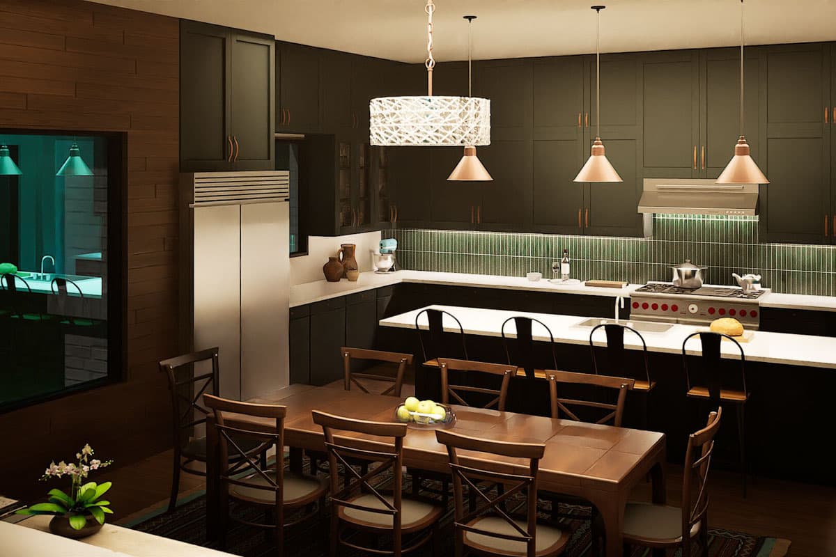 Kitchen and dining area with dark cabinets, island with pendant lights, and wooden dining table with chairs.