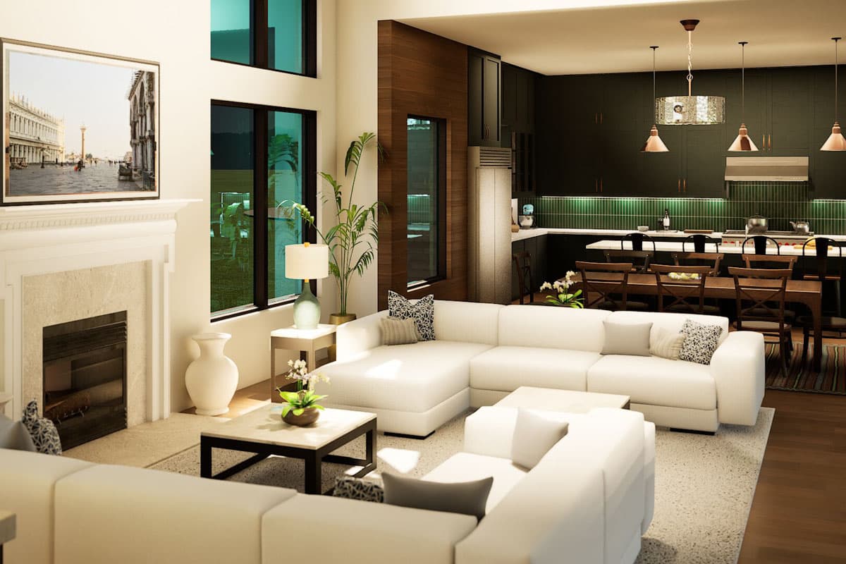 Interior rendering of open-plan living area with fireplace, sectional sofa, and modern kitchen with dark cabinets.