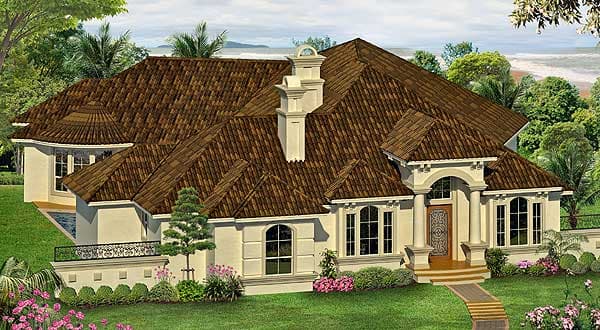 House plan exterior: Mediterranean style, one story, arched entryway with columns, tile roof, and ornate fence.