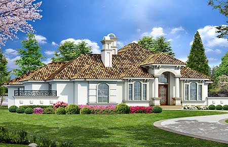 House plan exterior: One-story Mediterranean-style residence with arched entryway, tile roof, and decorative balcony railing.