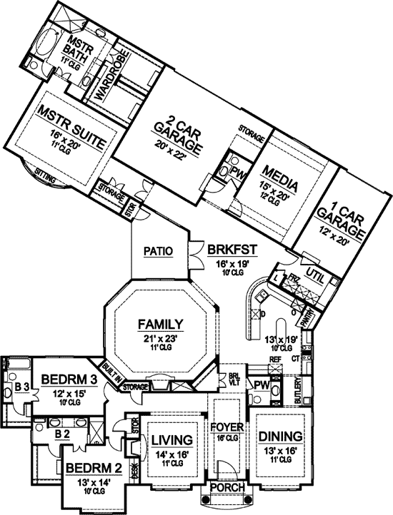 Plan 36322TX: Angled House Plan - Floor Plan - Main Level - Florida-Style, Mediterranean