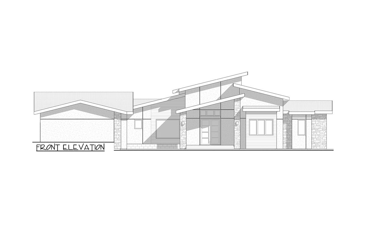 Front elevation drawing of a single-story house with a pitched roof, stone accents, and a central entryway.