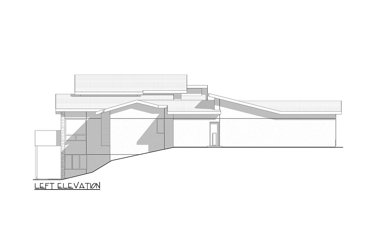 Left elevation drawing of a multi-level house with a sloping roofline, multiple window types, and a prominent facade.