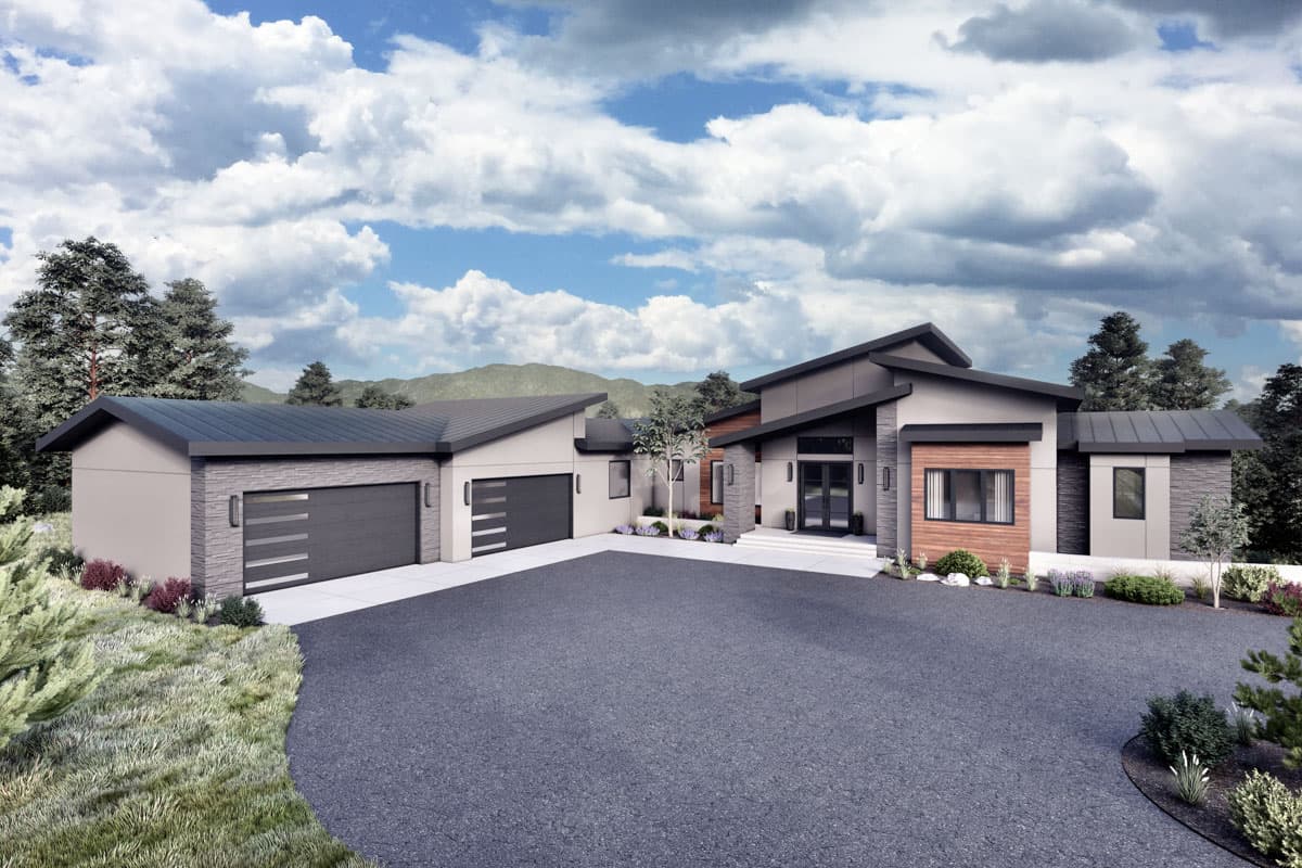 House plan exterior. Modern style, one-story home with a two-car garage, multiple rooflines, and a covered entry.